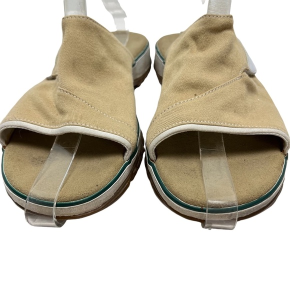 CLARKS Beige Tan White Canvas Slides Flip Flops Neutral Shoes Flats Casual sz 9 - Picture 2 of 16